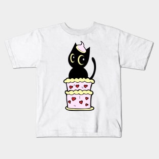 Funny Black cat jumping out of a cake Kids T-Shirt